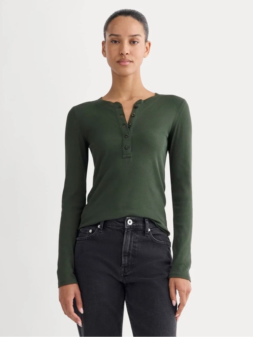 Everlane The Luxe Rib Henley Dark Forest Size S Long Sleeve Top NWOT